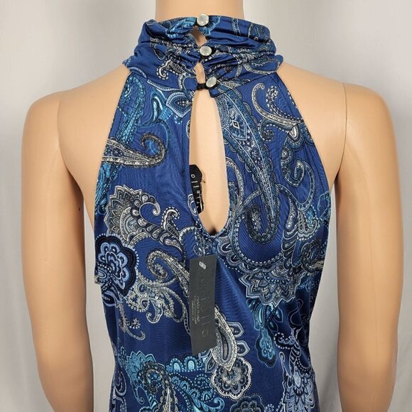 NWT Ariella Women's Mock/High Neck Sleeveless Blue Pattern Slit Maxi Dress Sz L - Picture 8 of 14